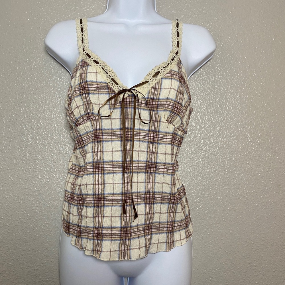 Plaid Babydoll Camisole Large Preppy Y2K Coquette Lace Bow Autumn Fall Dainty